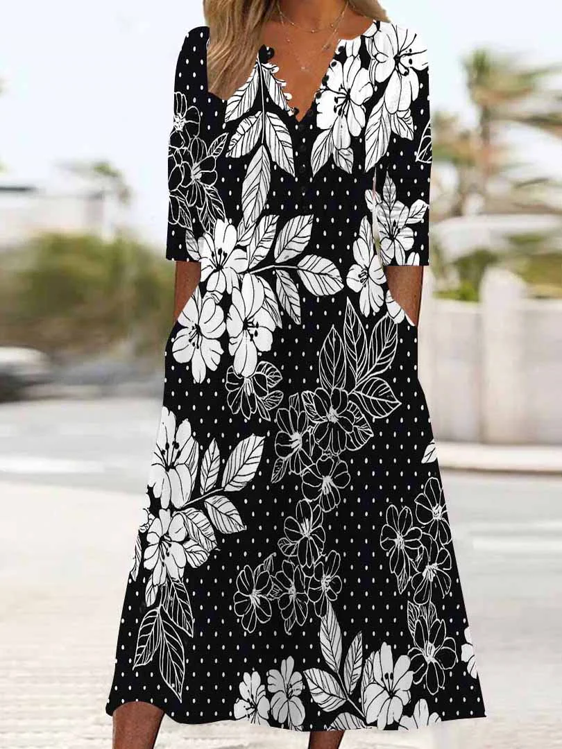 Women Floral,Black DZHB8241 Long Sleeve V-Neck Graphic Printed Midi Dress
