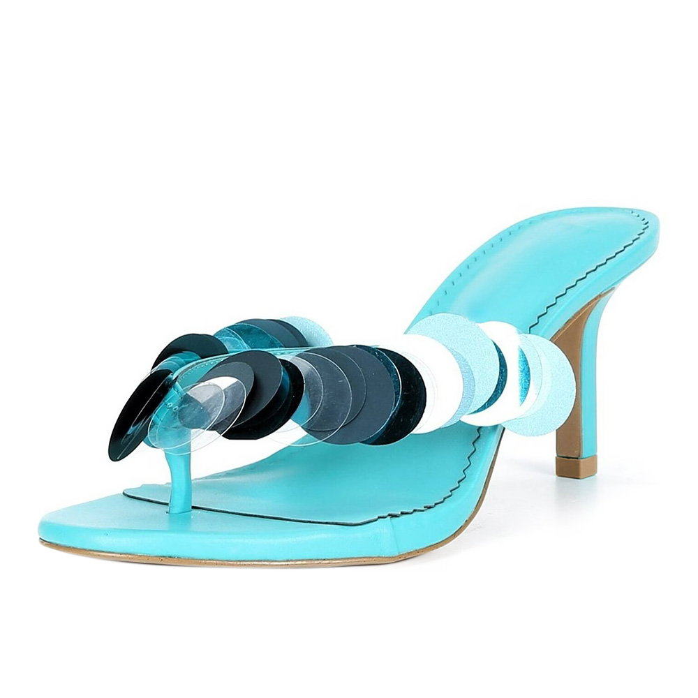 Chic Turquoise Open Round Toe Flip Flop Sequin Slip On Sandals Nicepairs