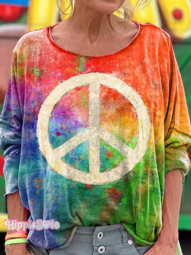 Retro Hippie Peace Sign Love And Rainbow Art Print Casual Long Sleeve T-Shirt Multicolor / S