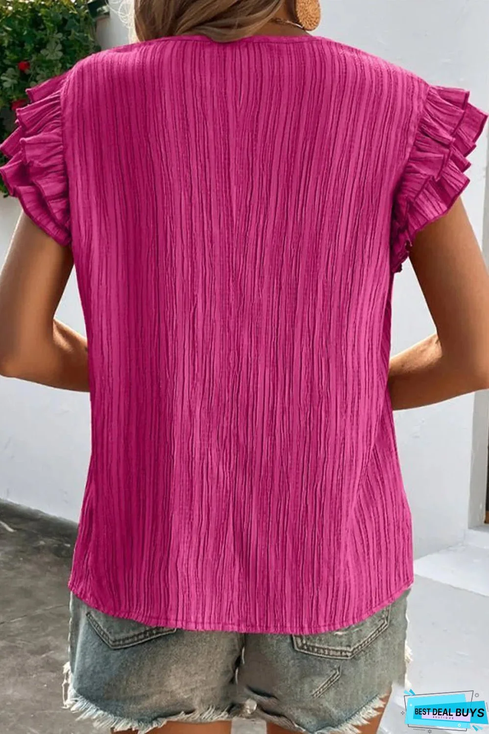 Rose Red Textured Ruffled Sleeve V Neck Top