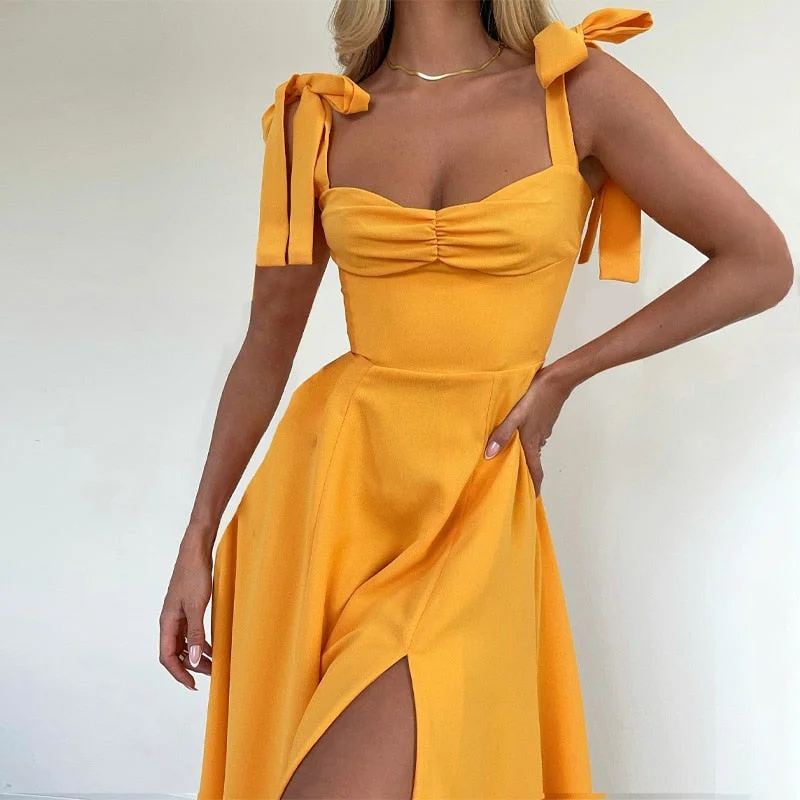 Cottagecore Elegant Slit Midi Dress Outfits For Women Summer Holiday Sundresses Sexy Backless Bow Tie Gown Vestido