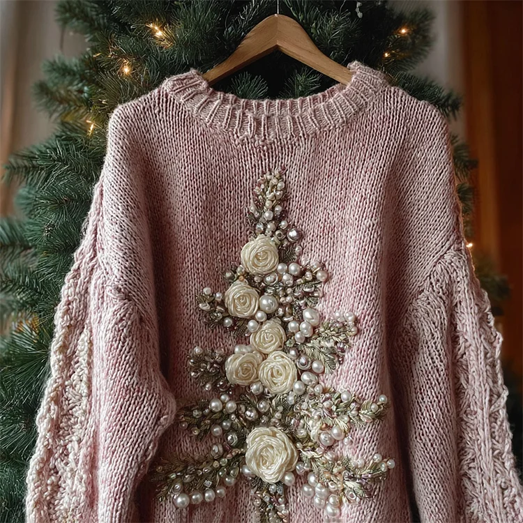 White Roses Christmas Tree Beaded Cozy Knit Sweater