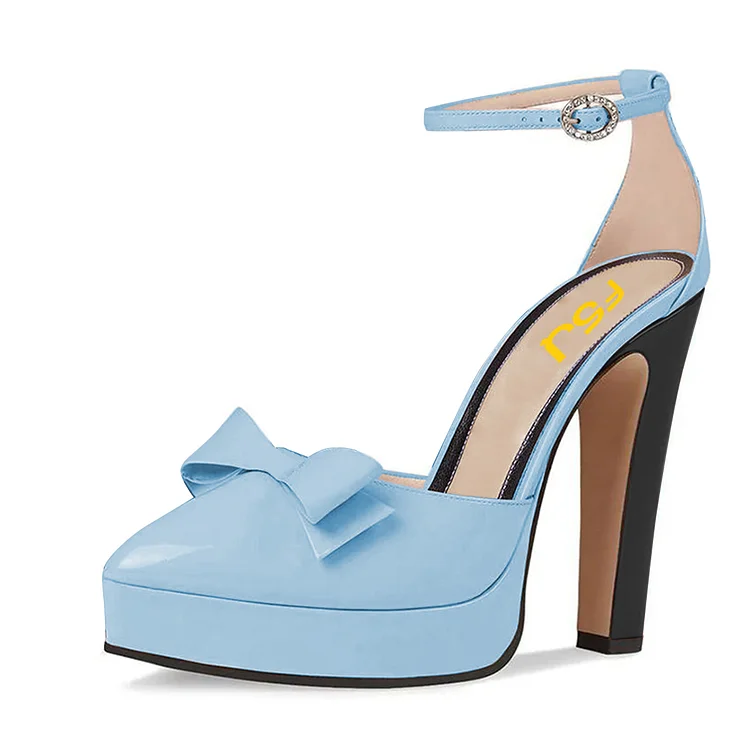 Blue Platform Chunky Heels Pointed Toe Ankle Strap Pumps |FSJ Shoes