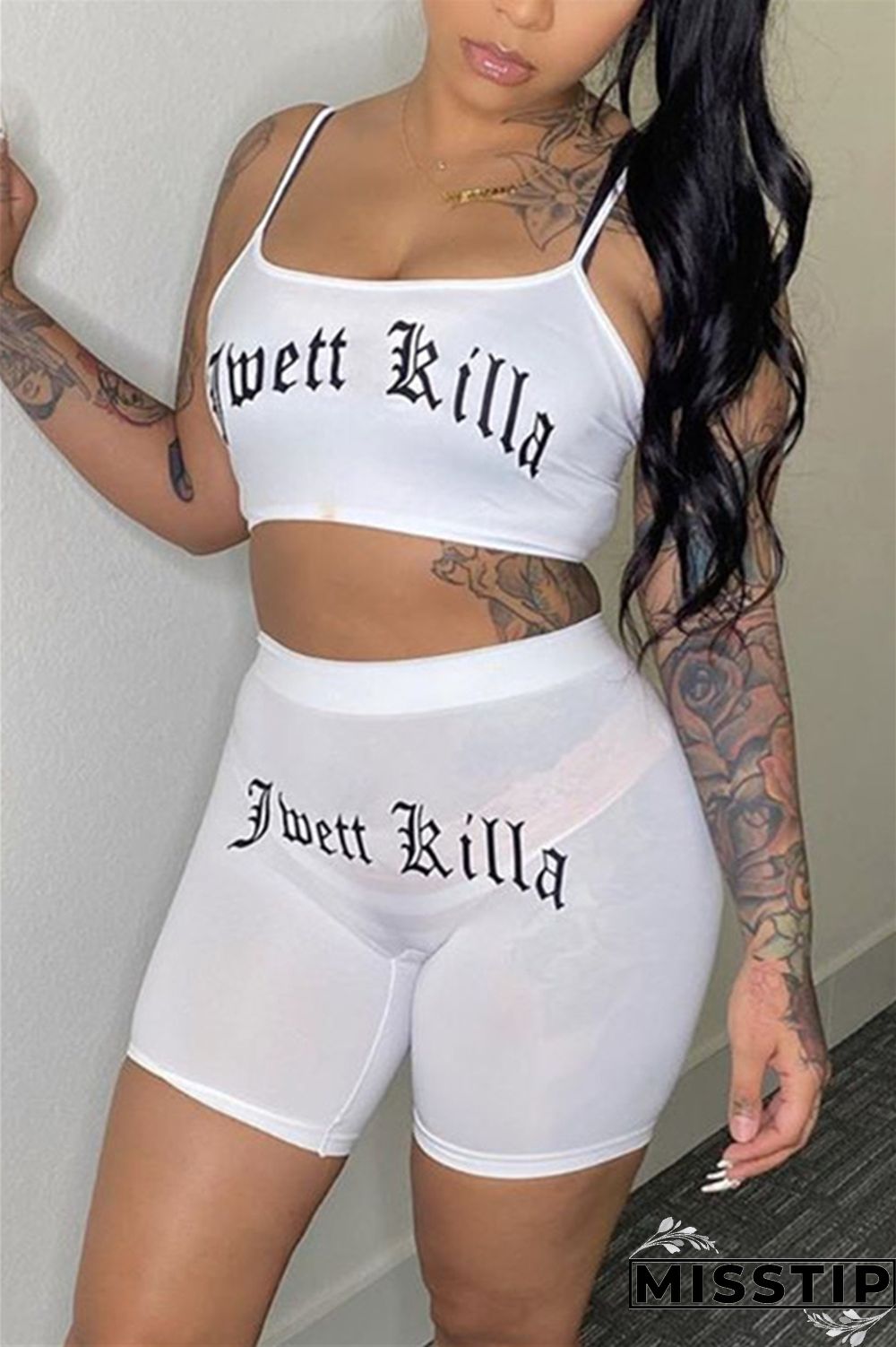 Black Casual Letter Straight Sleeveless Two Pieces