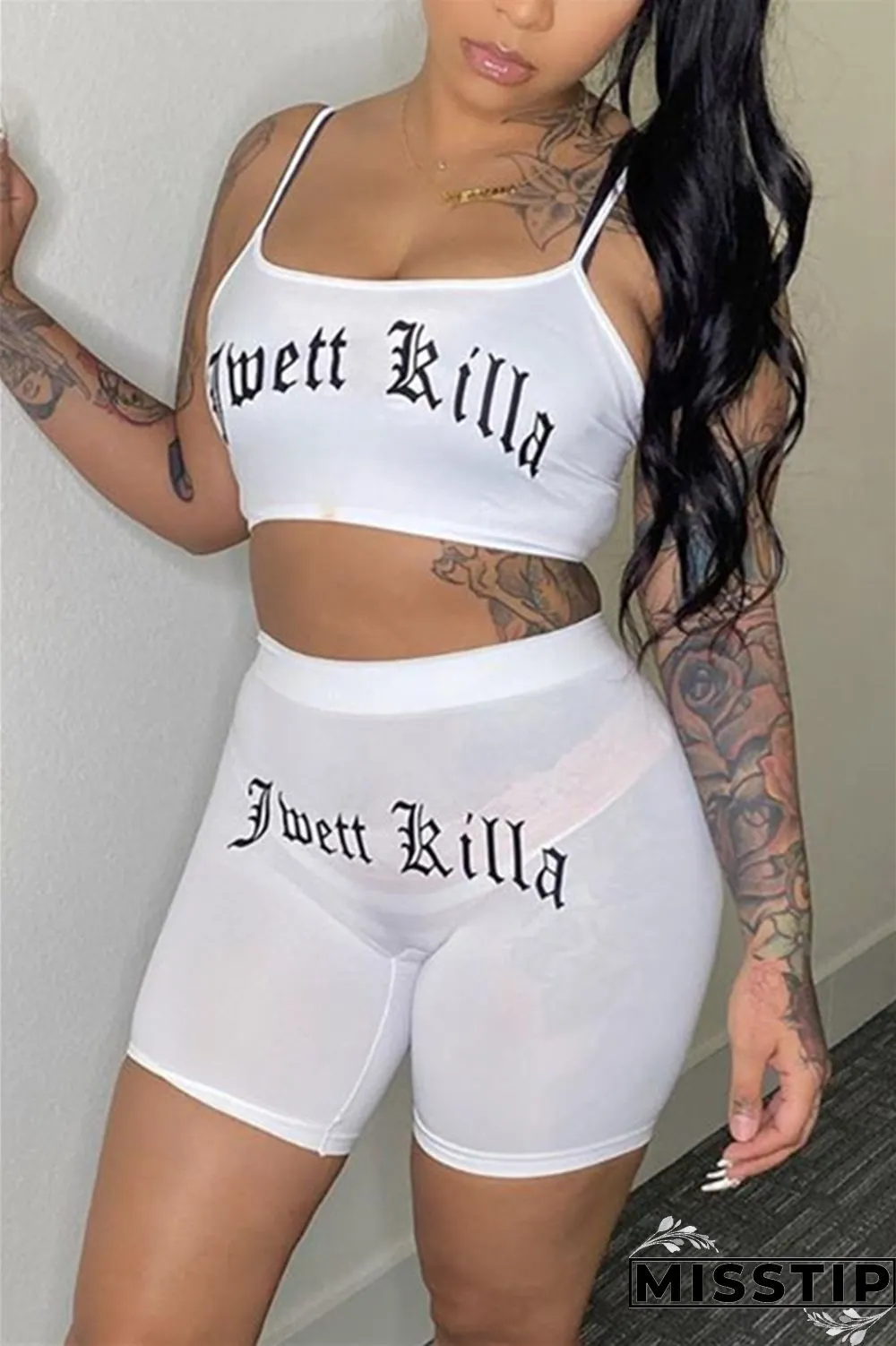 Black Casual Letter Straight Sleeveless Two Pieces