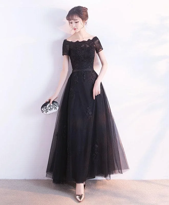 Simple Black Tulle Tea Length Prom Dress, Black Tulle Evening Dress