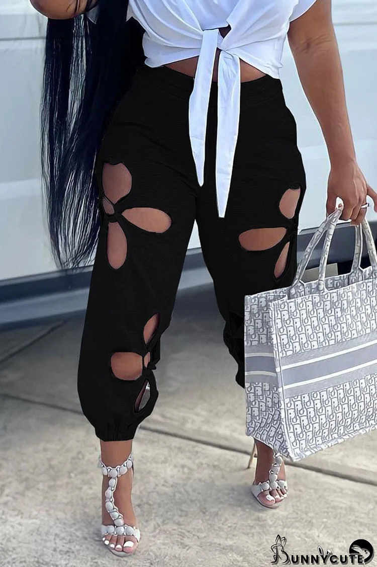 Black Casual Street Solid Hollowed Out Split Joint Regular High Waist Pencil Solid Color Bottoms