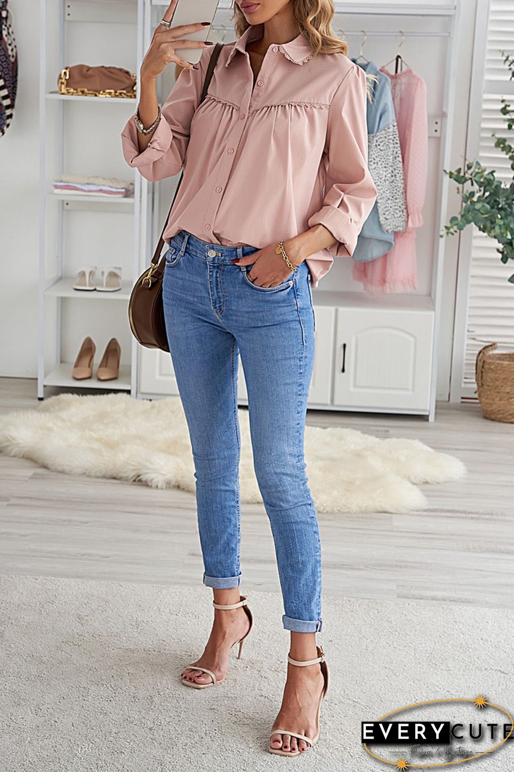 Pink Plain Pleated Bust Cuffed Sleeves Shirt