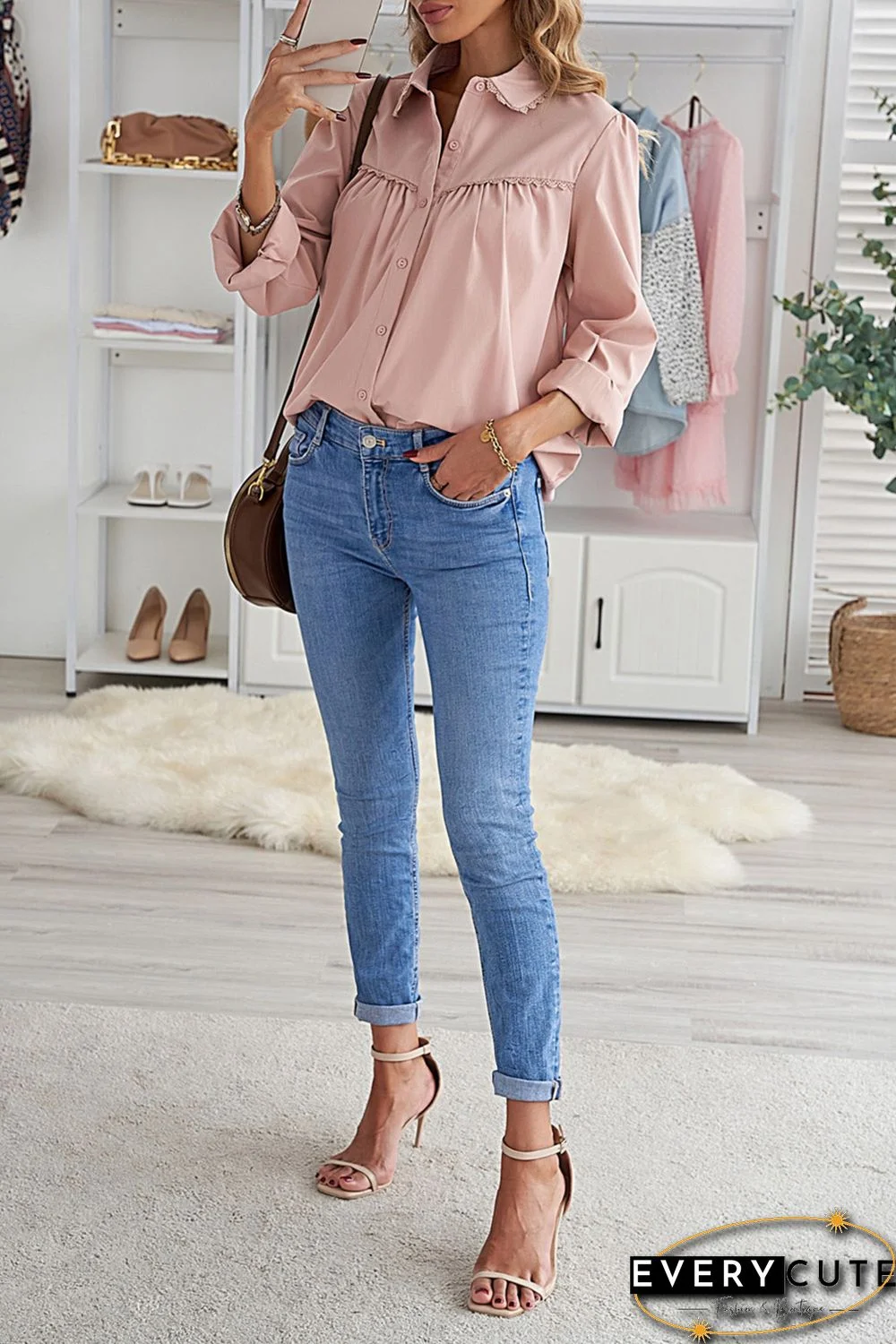 Pink Plain Pleated Bust Cuffed Sleeves Shirt