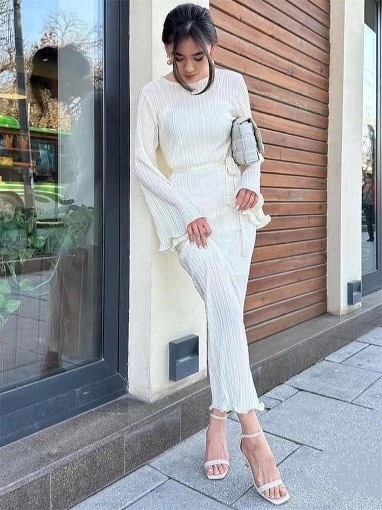 Ootddress Ruffled Lace-Up Ribbed Maxi Dress For Women Long Sleeve Fashion High Waist Elegant Party Dress Autumn Bandage Ladies Dress