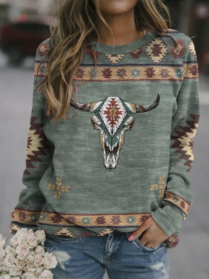 Aztec Western Wear Style Long Sleeve Sweatshirt For Women