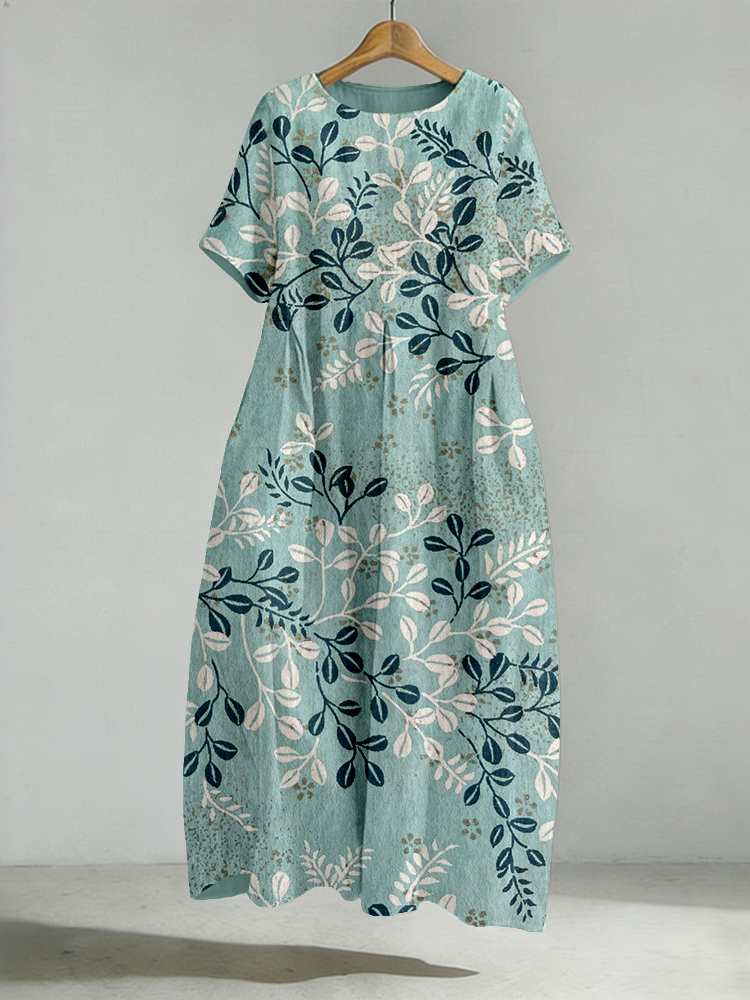 Vintage Leaves Art Pattern Comfy Linen Maxi Dress wearshes