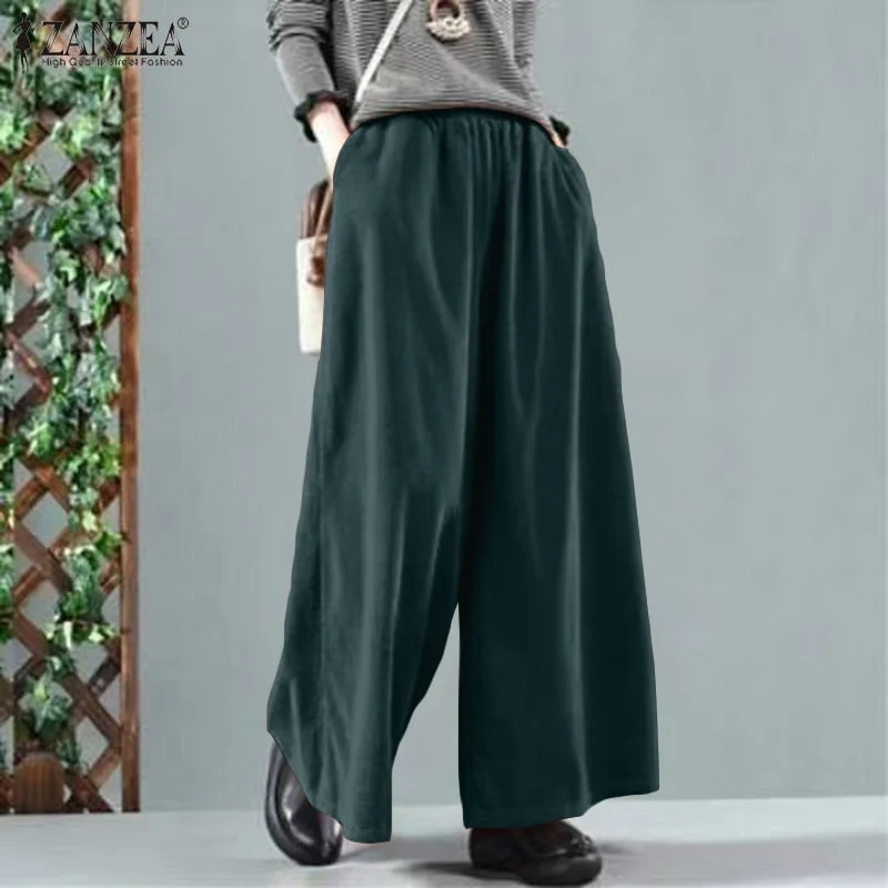 2022 ZANZEA Vintage Women Corduroy Wide Leg Pants Fashion Loose Harem Palazzo Autumn Trousers Elastic Waist Solid Long Pantalon