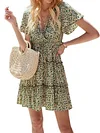 Floral-Print Flared Sleeves Deep V-Neck Bohemia Mini Dress