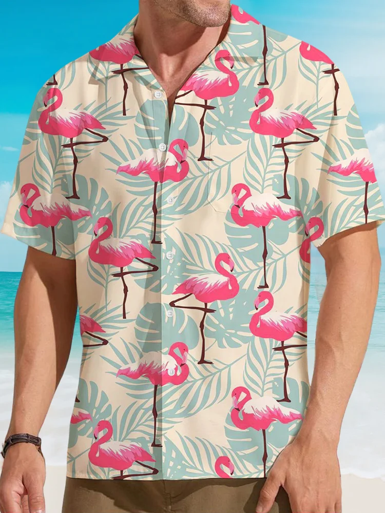 Men's Flamingo Tropical Plant Vacation Art Print Shirt