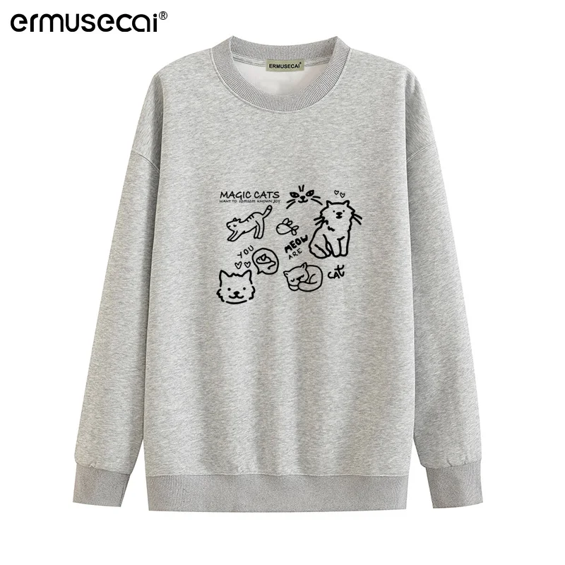 Athvotar Athvotar Cotton Cotton Composite Milk Silk 350G) Autumn And Winter New Cat Print Loose Hooded Sweater