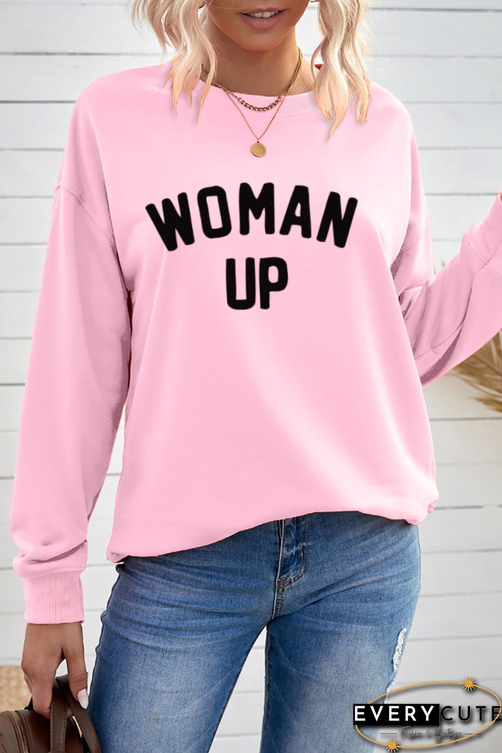 Pink WOMAN UP Drop Sleeve Crewneck Pullover Sweatshirt