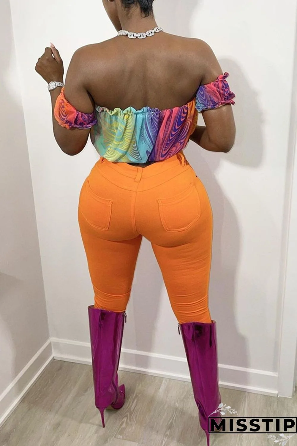 Colour Sexy Casual Print Tie Dye Backless Off the Shoulder Tops