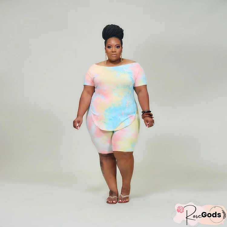 Plus Size Tie Dye Print Short Sleeve Two Piece Shorts Set