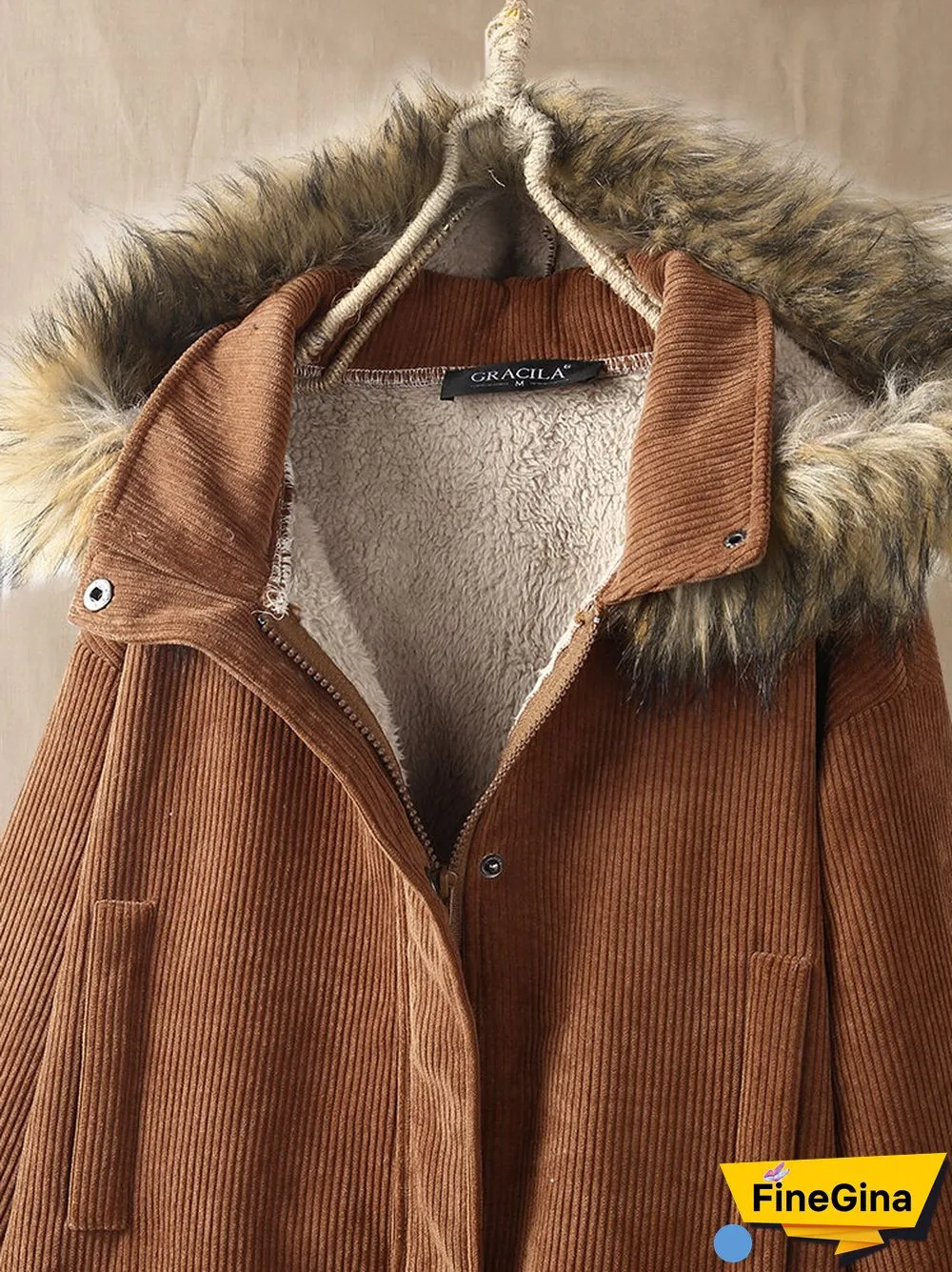 Corduroy Solid Color Plush Hooded Long Sleeve Coat