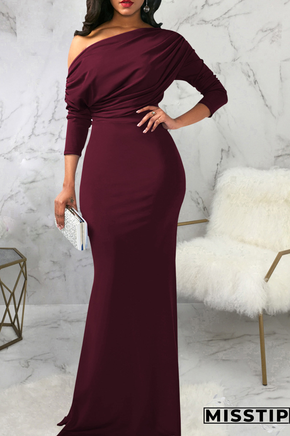 White Street Solid Patchwork One Shoulder Trumpet Mermaid Dresses