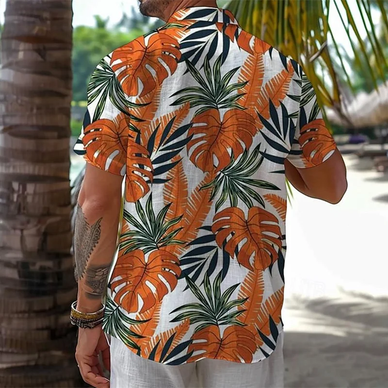 Men's Hawaiian Resort Palm Leaf Print Short Sleeve Shirt-inspireuse