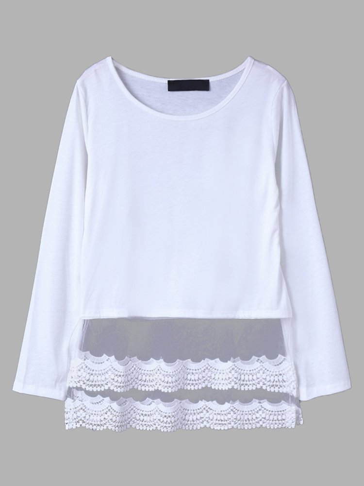 Lace Stitching Long Sleeve O neck Casual Women T shirt  P1083955