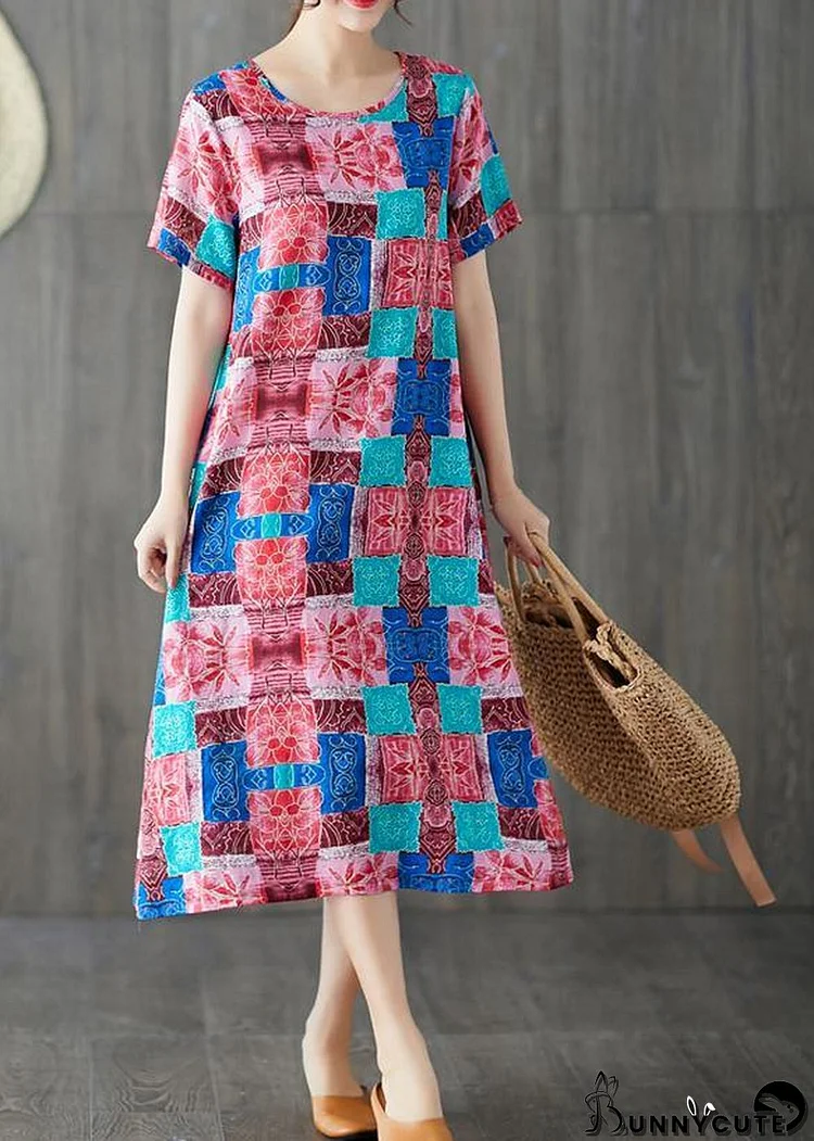 Modern blue prints cotton linen clothes For Women short sleeve wild long summer Dresses