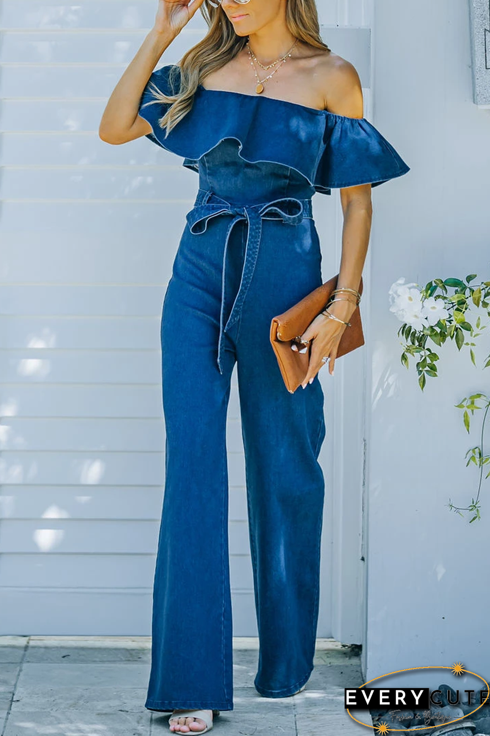 Off The Shoulder Denim Jumpsuit(Presale)