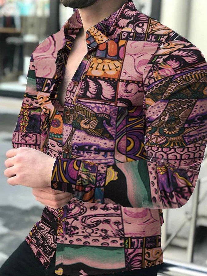 Mens Lapel Ethnic Print Long Sleeve Shirt