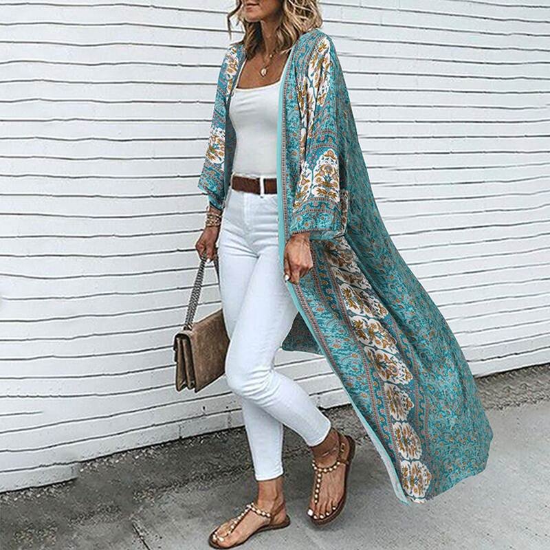 Summer Bohemian Floral Long Cardigan Women Printed Beach Holiday Kimono Tops ZANZEA Vintage 3/4 Sleeve Blusas Loose Long Shirt
