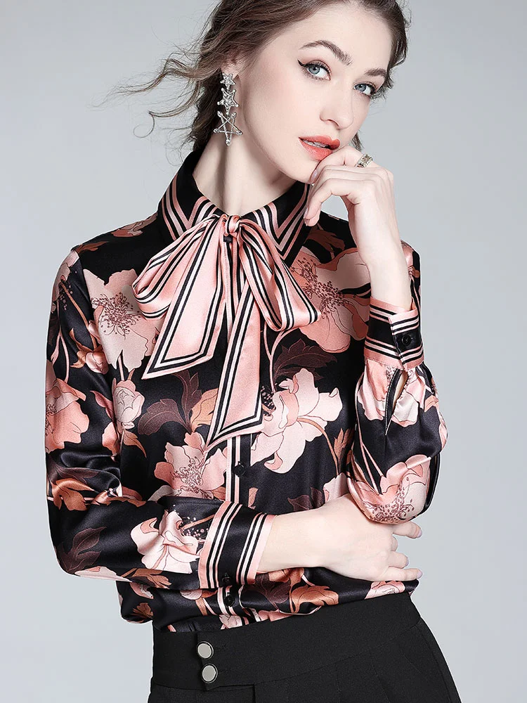 Pink Floral Printed Women's Silk Bow Blouse-Real Silk Life