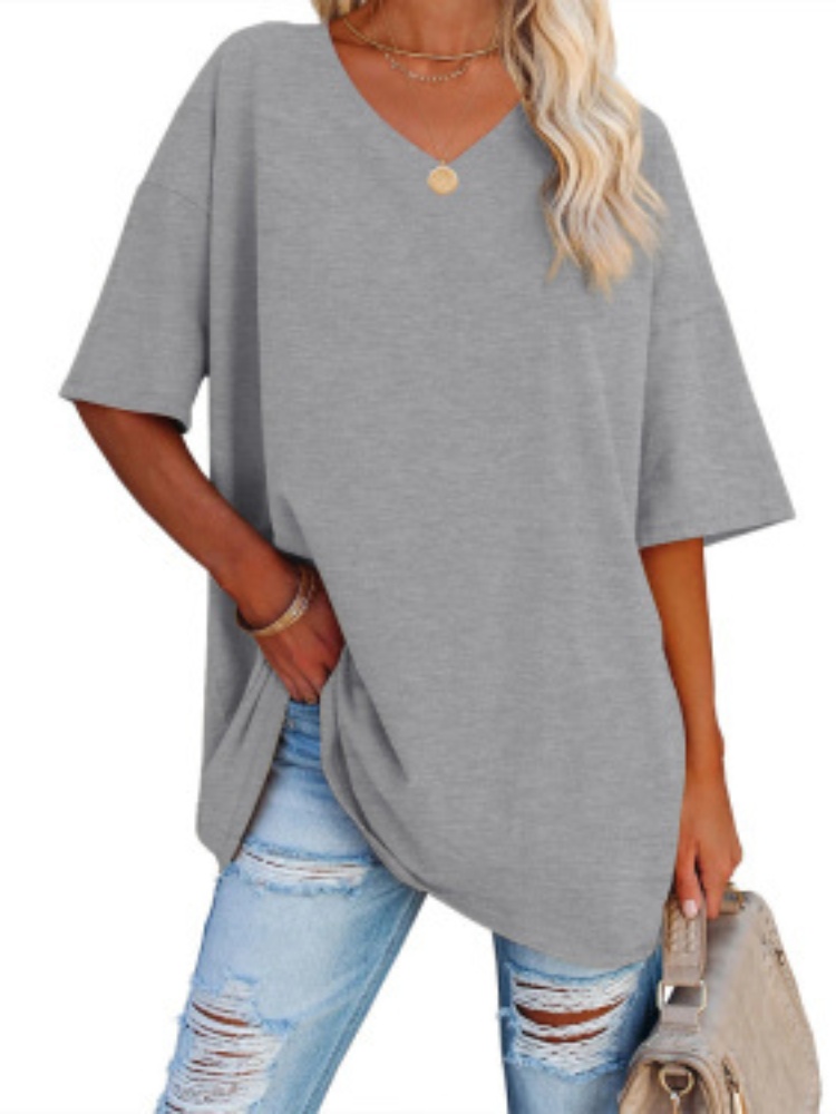 Sharkplaza school outfits Solid V-Neck T Shirt Women Basic Short Sleeve Summer Tops Causal Everyday Y2k Clothes Fashion Loose Oversized Streetwear Outfits Tops