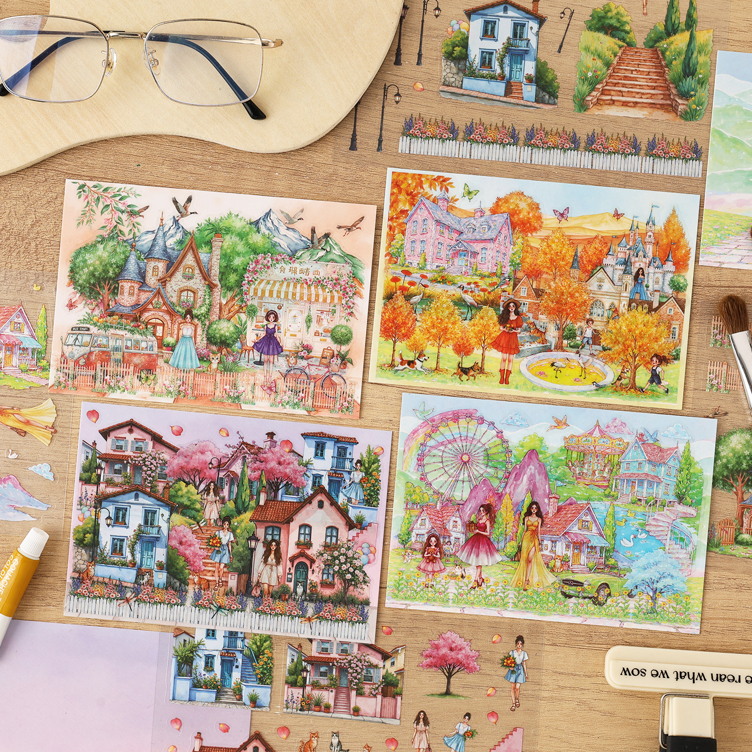 스티커 - 꽃밭 투어 시리즈 빈티지 캐릭터 성 미니 장면