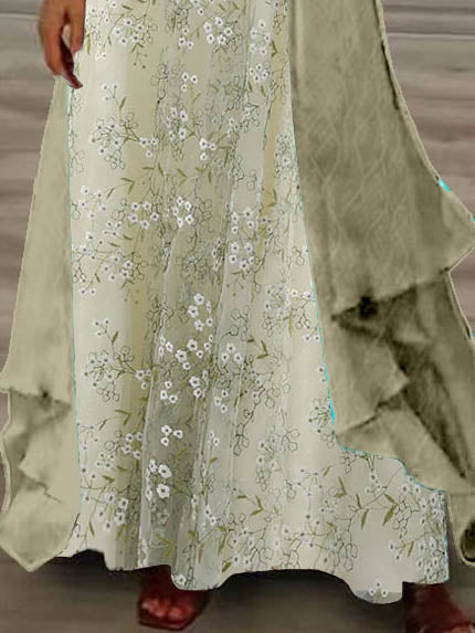 Women's Long Sleeve V-neck Floral Printed Two Pieces Maxi Dress