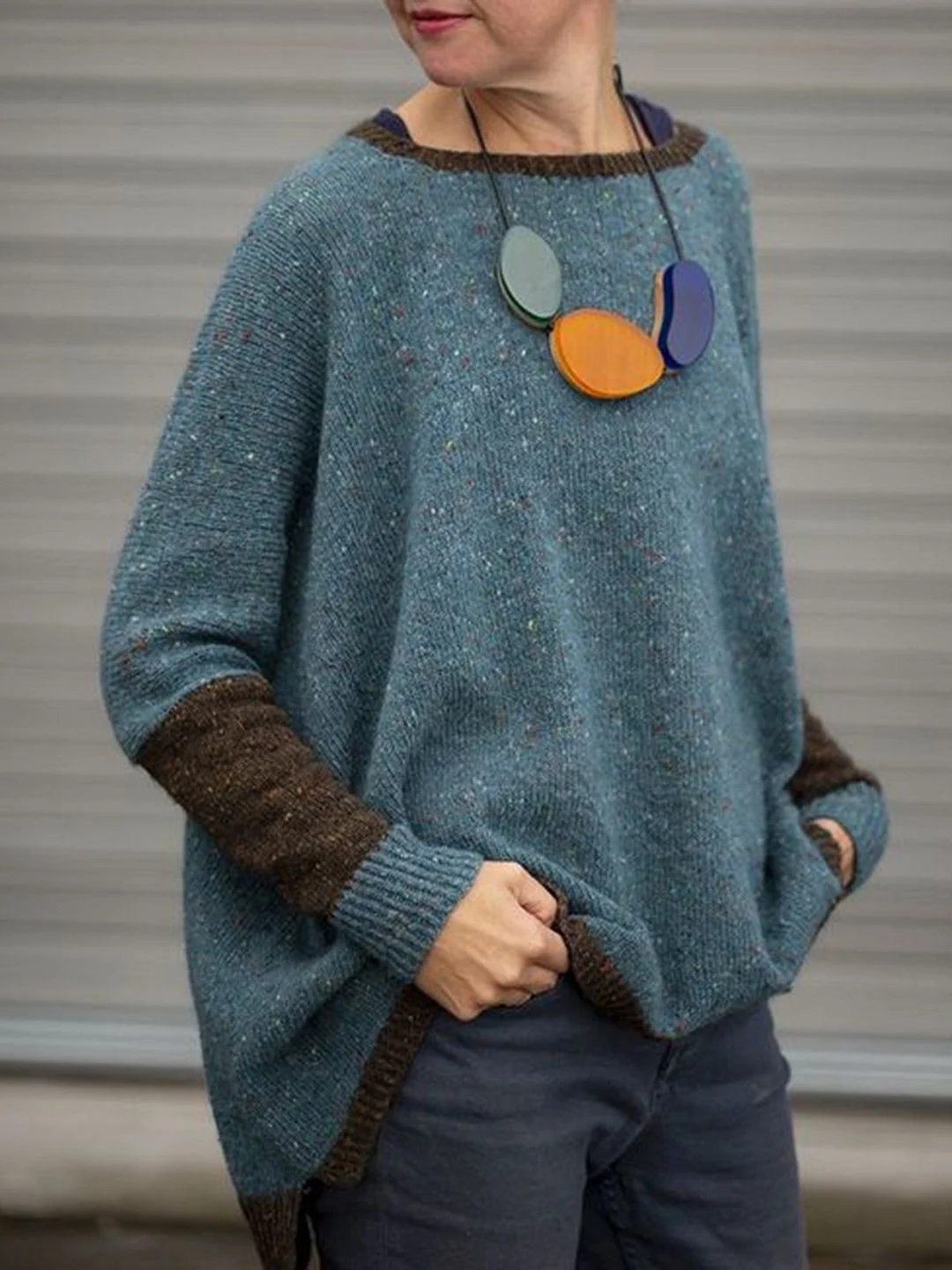 Blue Solid Casual Crew Neck Knitted Sweater