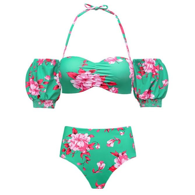Floral Printed Puff Sleeve Bikini Swimsuit