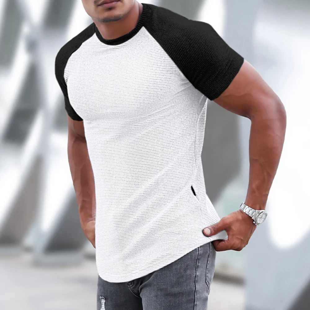 Men's Sports Short-sleeved Fitness Training T-shirt Running Top Casual Slim Round Neck Solid Color Cotton Bottoming Shir、、URBENIE