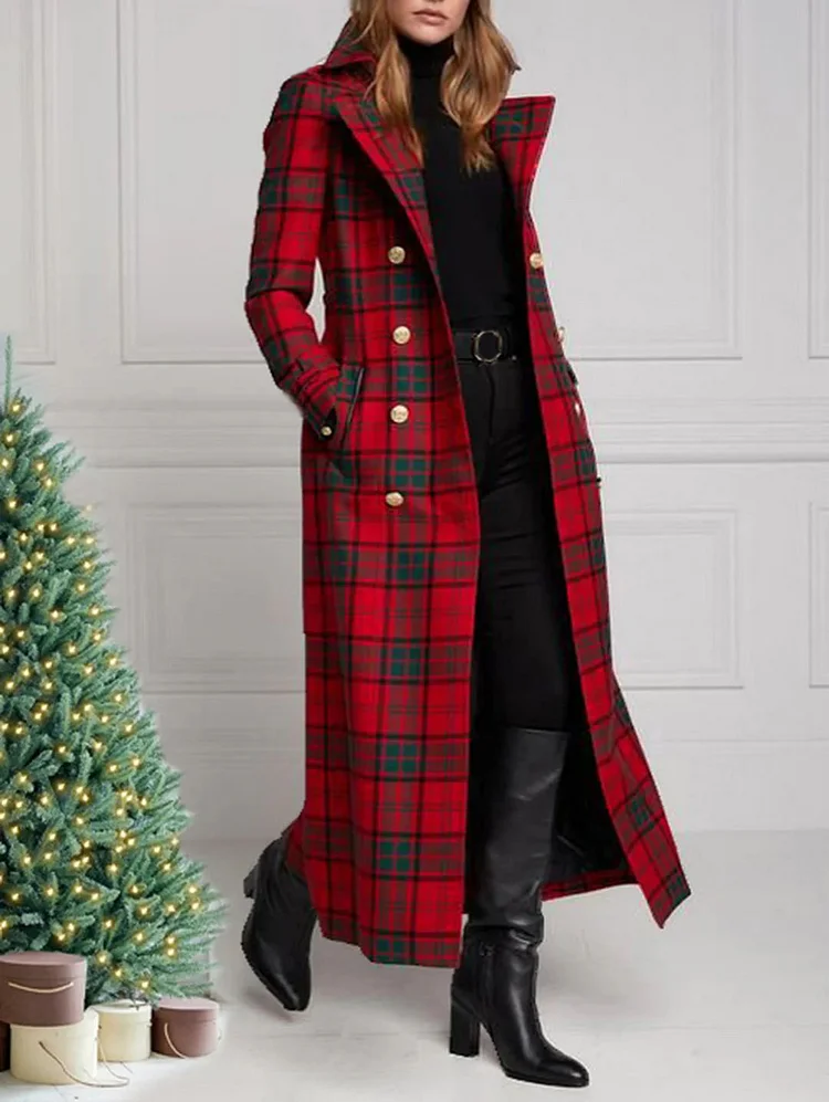 Christmas Plaid Colorblock Notch Lapel Double-Breasted Coat
