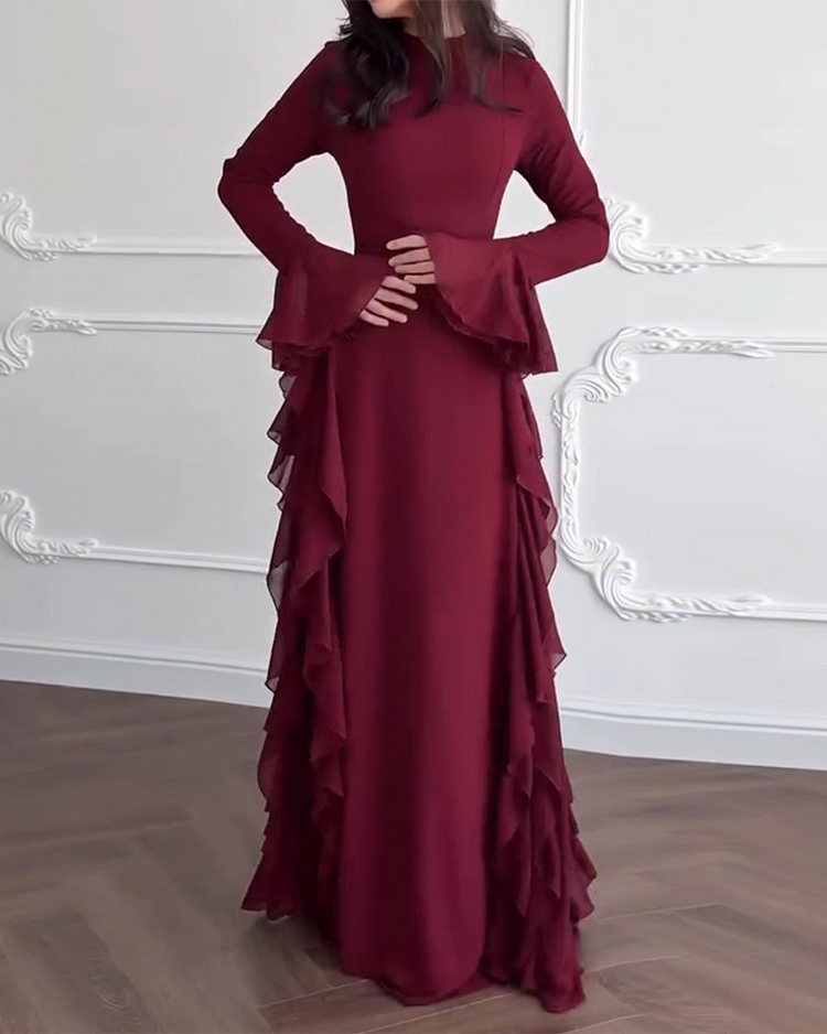 Round Neck Long Sleeve Ruffle Dress