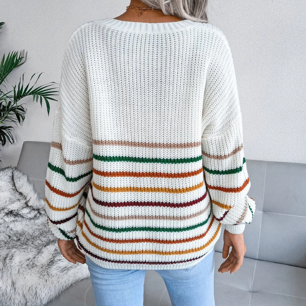 Women's V-neck Striped Casual Loose Sweater