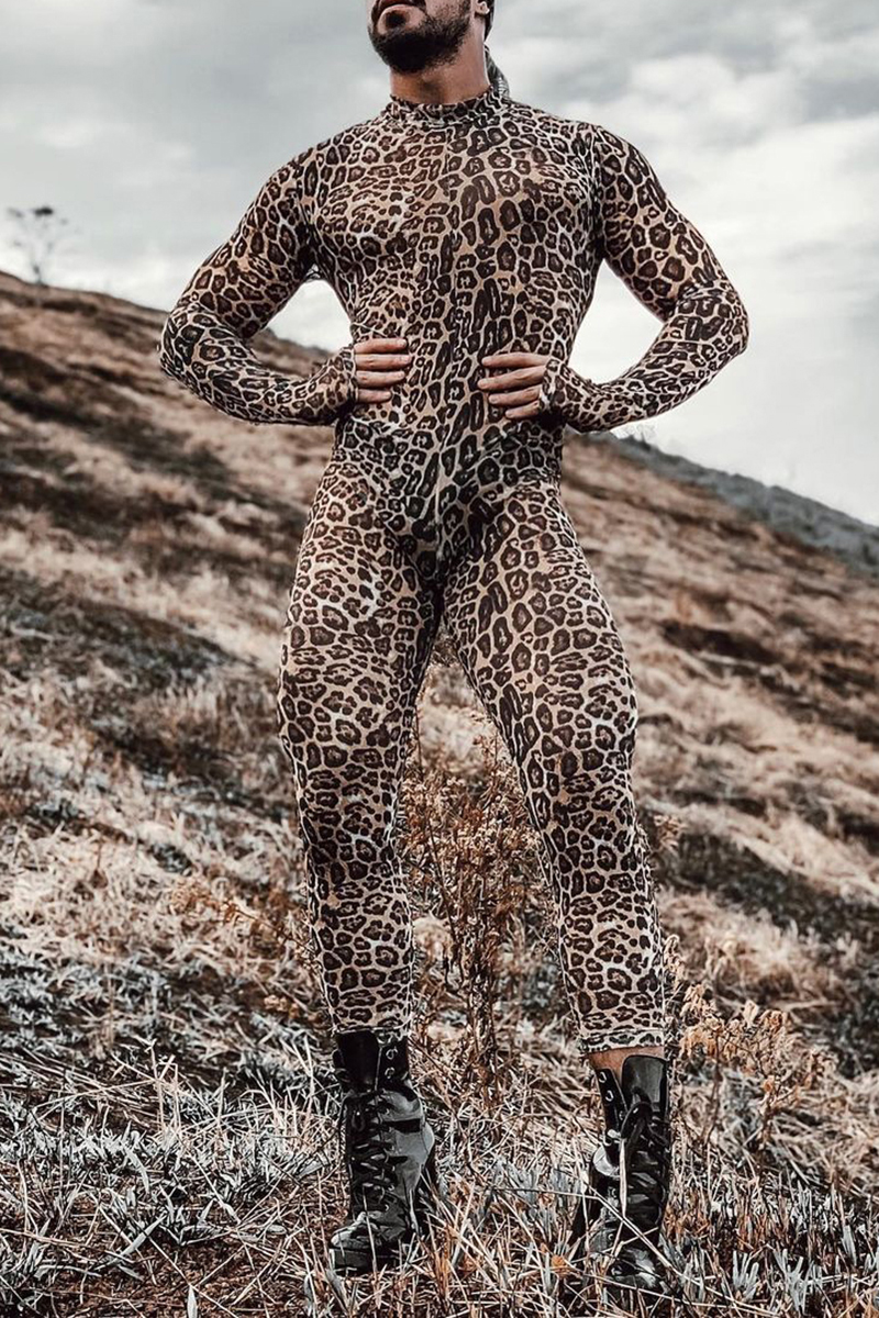 Ciciful Leopard Print Mesh See-Through Mock Neck Festival Jumpsuit