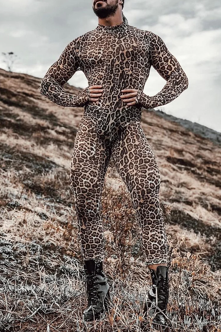 Ciciful Leopard Print Mesh See-Through Mock Neck Festival Jumpsuit