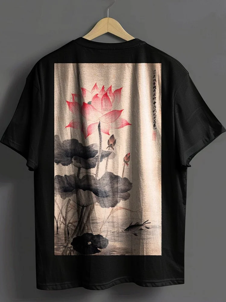 Men's Lotus Japanese Art Print Cotton Casual T-Shirt