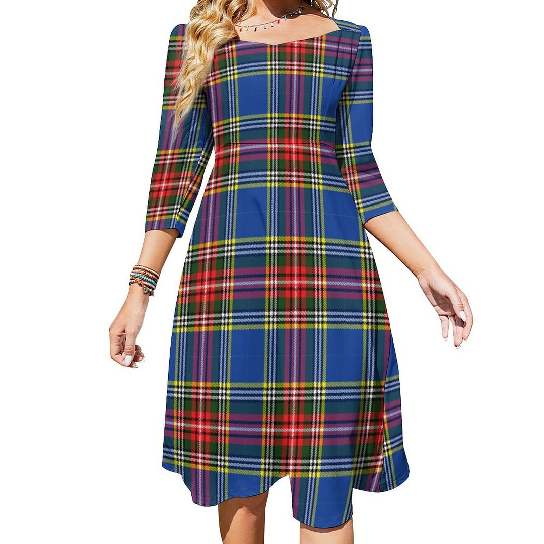 Macbeth Modern Tartan Plaid Scottish Colorful Dress Sweetheart Tie Back Flared 3/4 Sleeve Midi Dresses