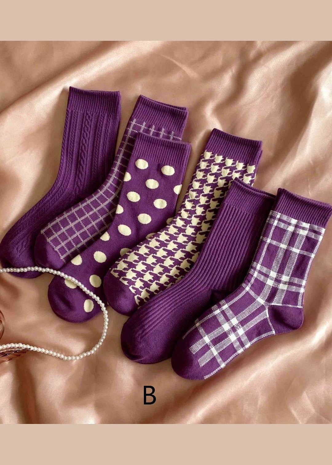Elegant Purple Plaid Jacquard Cotton Mid Calf Socks CK1427- Fabulory