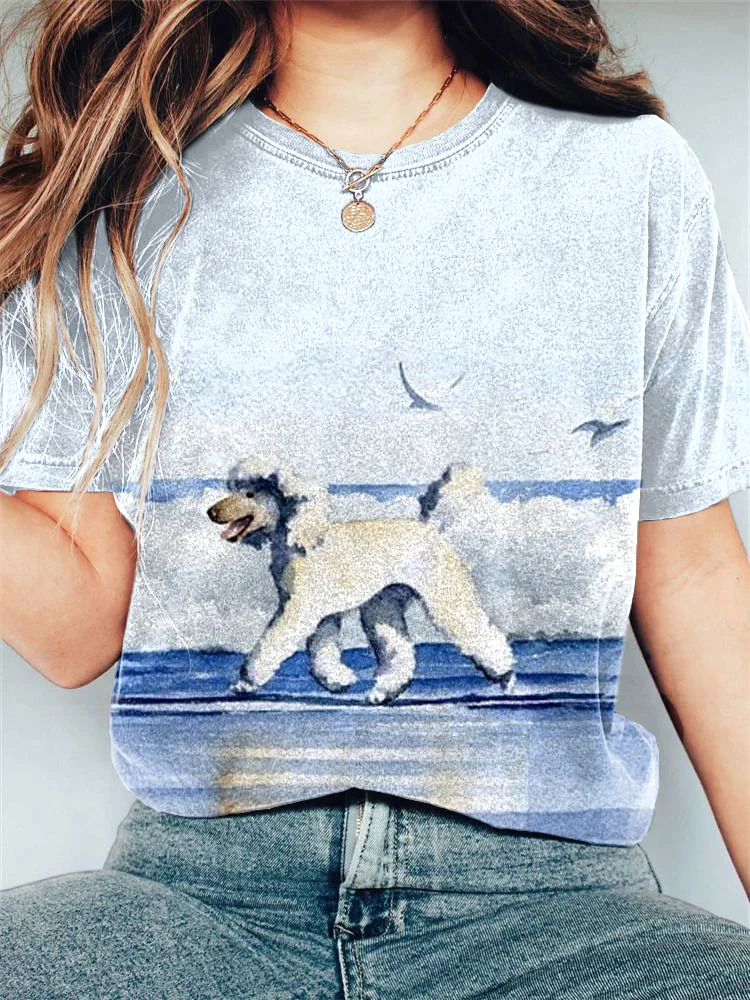 White Poodle Watercolor Art Print Casual Cotton T-Shirt