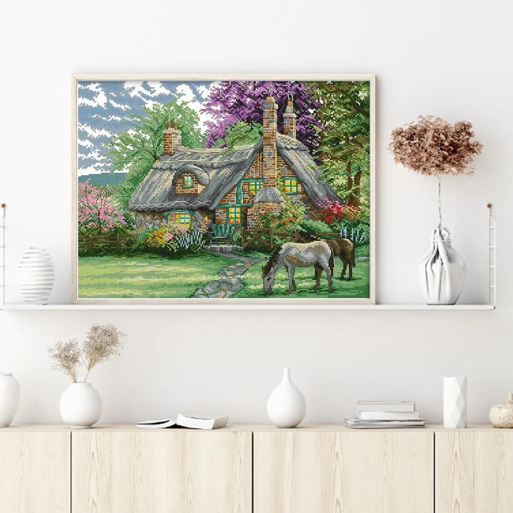 DIY Stamped Cross Stitch 14CT Partial Embroidery 46*38cm - Flower Villa