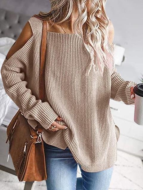 Solid Color Cold shoulder Knit Sweater-elleschic