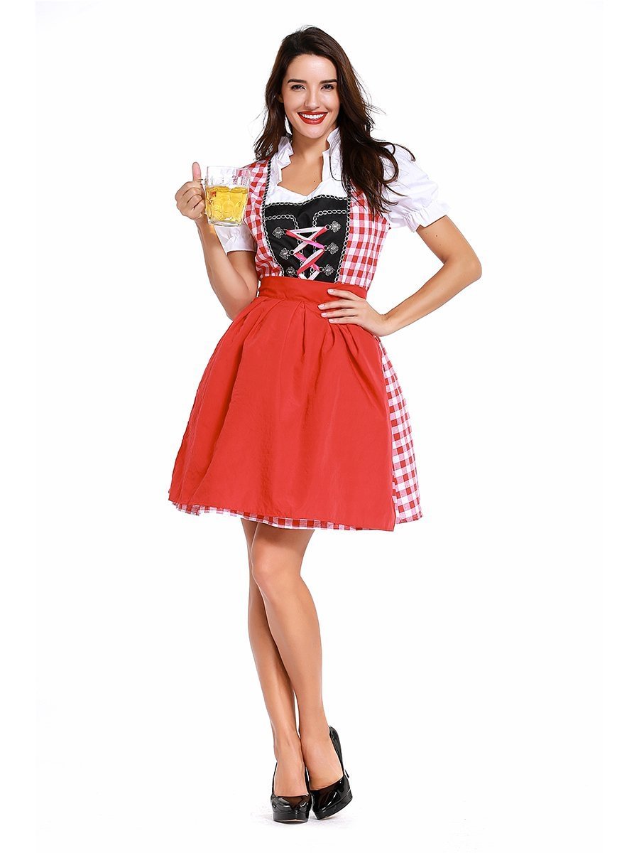 Womens Red Plaid Dress Oktoberfest Fraulein Costume